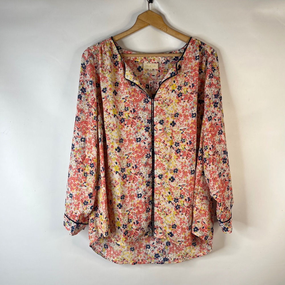 ModCloth Blouse Women 1X Multicolor Floral Long Sleeve Contrast Piping Top